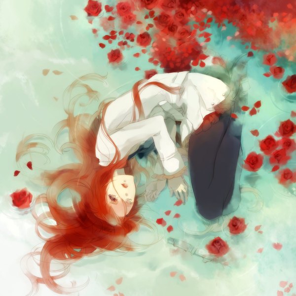 Anime picture 1500x1500 with ayko (artist) single long hair red hair lying lips girl flower (flowers) petals water rose (roses) red rose knife