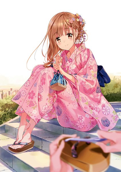 Anime picture 1352x1920 with masamune-kun no revenge silver link fujinomiya neko tiv long hair tall image looking at viewer blush fringe smile brown hair sitting holding brown eyes full body blunt bangs traditional clothes japanese clothes hair flower blurry