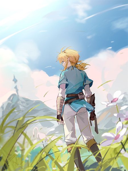 Anime picture 1079x1440 with the legend of zelda the legend of zelda: breath of the wild nintendo link taiz22 single long hair tall image blonde hair sky cloud (clouds) outdoors pointy ears from behind turning head low ponytail elf boy flower (flowers) knee boots