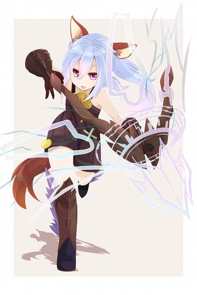 Anime picture 1000x1493 with tera online amacha single long hair tall image open mouth white background animal ears blue hair animal tail pink eyes girl gloves thigh boots
