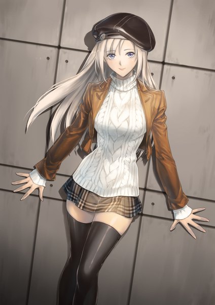 Anime picture 1240x1754 with original mousevill long hair tall image looking at viewer blue eyes white hair open clothes open jacket girl thighhighs skirt black thighhighs jacket sweater beret