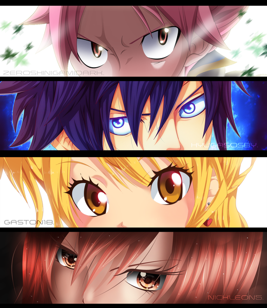 Anime picture 1400x1613 with fairy tail lucy heartfilia erza scarlet natsu dragneel gray fullbuster tongasart hyugasosby zeroshini nickleon5 long hair tall image short hair blue eyes blonde hair red eyes multiple girls pink hair purple hair red hair pink eyes