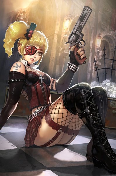 Anime picture 740x1117 with original inshoo (shaonav) long hair tall image light erotic blonde hair sitting ponytail nail polish grey eyes tattoo piercing side ponytail checkered floor girl thighhighs skirt gloves flower (flowers) weapon