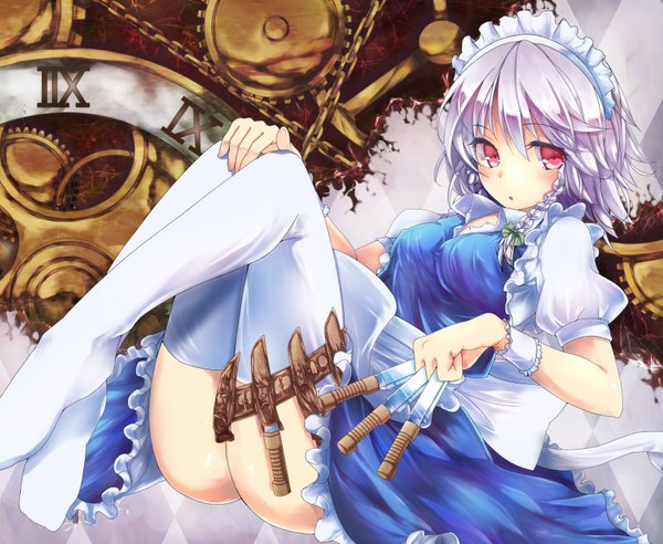 Anime picture 3312x2720 with touhou izayoi sakuya korezyanai single looking at viewer blush highres short hair open mouth light erotic red eyes absurdres silver hair braid (braids) no shoes legs twin braids girl thighhighs dress