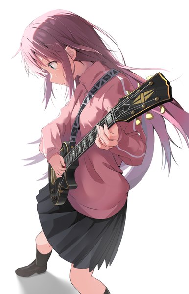 Anime picture 1421x2207 with bocchi the rock! cloverworks gotou hitori cac itinose single long hair tall image blue eyes simple background white background pink hair profile pleated skirt looking down playing instrument girl skirt miniskirt black skirt musical instrument
