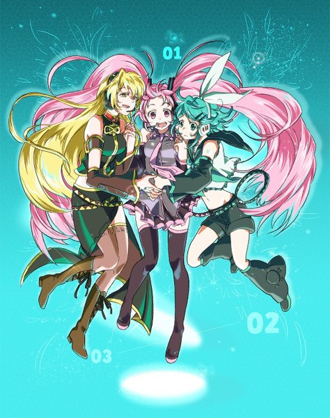 Anime picture 1000x1265 with vocaloid hatsune miku megurine luka kagamine rin kiriha2929 long hair tall image short hair open mouth simple background blonde hair twintails multiple girls green eyes yellow eyes pink hair very long hair nail polish pleated skirt pink eyes