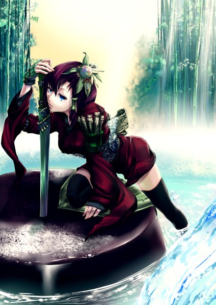 Anime picture 1753x2480 with original q pixiv: sweets personification munakata single tall image highres short hair blue eyes purple hair japanese clothes girl thighhighs hair ornament weapon black thighhighs plant (plants) sword water fingerless gloves short kimono
