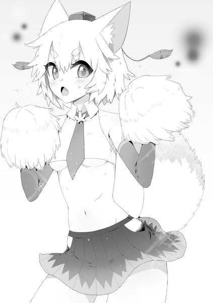 Anime picture 1748x2480 with touhou inubashiri momiji keemoringo single tall image blush highres short hair open mouth light erotic simple background animal ears looking away tail animal tail no bra underboob monochrome eyebrows wolf ears