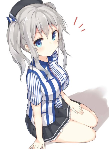 Anime picture 900x1234 with kantai collection lawson kashima training cruiser huwari (dnwls3010) single long hair tall image looking at viewer blush fringe breasts simple background smile white background sitting twintails bent knee (knees) pleated skirt from above grey hair