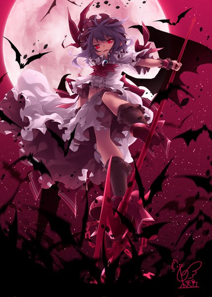 Anime picture 1066x1491 with touhou remilia scarlet toutenkou single long hair tall image short hair red eyes signed sky purple hair full body from below red sky girl skirt weapon animal socks black socks