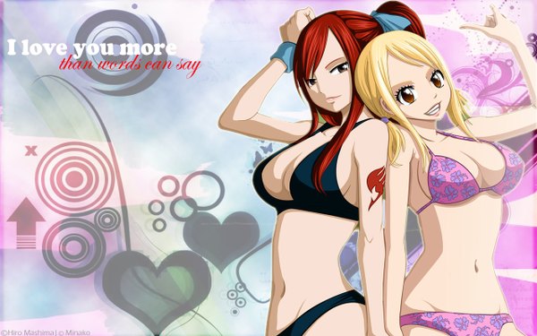 Anime picture 1280x800 with fairy tail lucy heartfilia erza scarlet long hair light erotic simple background blonde hair smile wide image multiple girls brown eyes ponytail red hair inscription tattoo back to back girl 2 girls swimsuit bikini