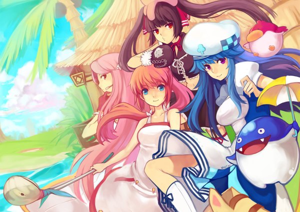 Anime picture 1403x992 with pangya kooh arin lucia hana vmat (pixiv) long hair blue eyes black hair smile red eyes purple eyes twintails multiple girls blue hair pink hair girl dress plant (plants) tree (trees)