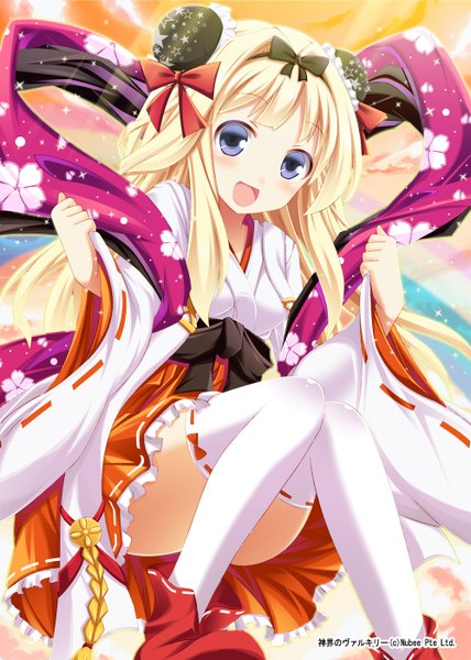 Anime picture 1000x1400 with original usagi nezumi single long hair tall image looking at viewer blush open mouth blue eyes blonde hair traditional clothes japanese clothes hair bun (hair buns) girl thighhighs bow hair bow white thighhighs shawl
