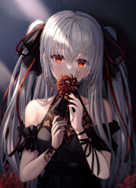 Anime picture 3478x4790 with original funii single long hair tall image looking at viewer blush fringe highres simple background hair between eyes red eyes bare shoulders holding payot absurdres silver hair upper body nail polish head tilt