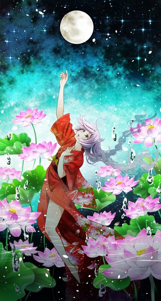 Anime picture 1070x2000 with vocaloid rana (vocaloid) orihara sachiko single long hair tall image blush green eyes pink hair purple hair braid (braids) traditional clothes parted lips japanese clothes barefoot aqua eyes night bare legs alternate costume night sky