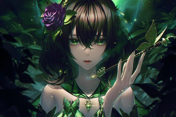 Anime picture 1511x1000 with grimlight caterpillar (grimlight) und0 single looking at viewer fringe short hair open mouth black hair hair between eyes bare shoulders holding green eyes upper body sparkle anaglyph girl flower (flowers) plant (plants) rose (roses)