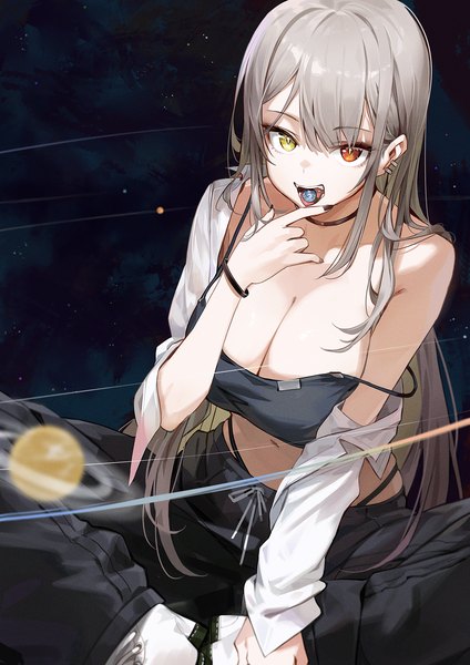 Anime picture 1237x1750 with original goomrrat single long hair tall image looking at viewer fringe breasts open mouth light erotic hair between eyes red eyes large breasts sitting yellow eyes nail polish fingernails grey hair off shoulder midriff