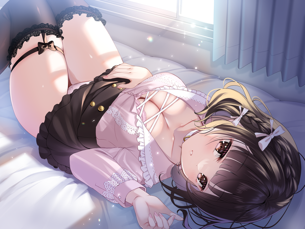 Anime picture 2240x1680 with original koyama sao single looking at viewer blush fringe highres short hair breasts light erotic brown hair large breasts brown eyes cleavage lying braid (braids) parted lips sunlight on back thighs