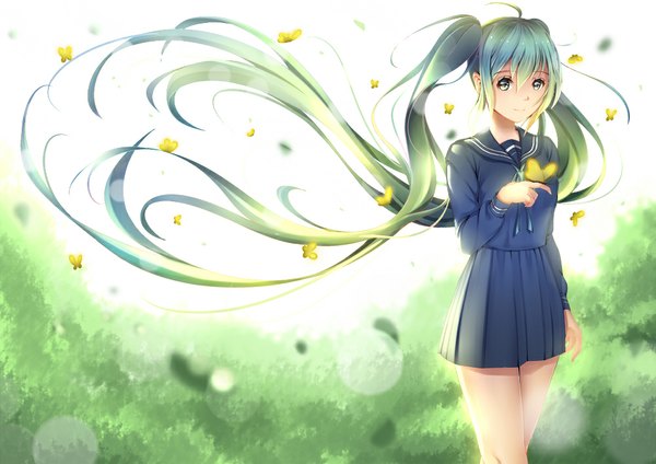 Anime picture 1000x707 with vocaloid hatsune miku kr (sapphire) single looking at viewer twintails very long hair aqua eyes aqua hair butterfly on hand girl skirt uniform serafuku insect butterfly