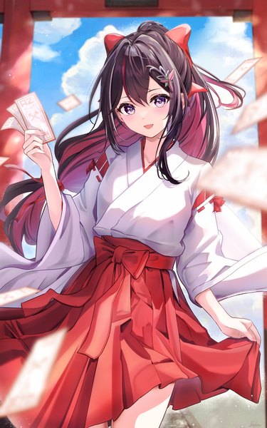 Anime picture 1200x1920 with virtual youtuber hololive azki (hololive) yuki haru single long hair tall image looking at viewer blush fringe breasts open mouth smile hair between eyes brown hair standing purple eyes holding sky cloud (clouds)