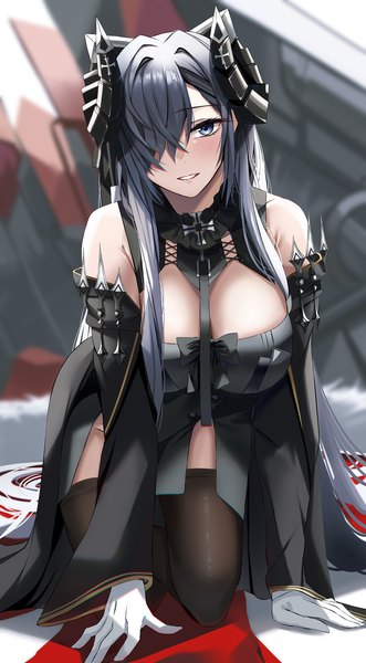 Anime picture 1200x2176 with azur lane august von parseval (azur lane) nicky w single tall image looking at viewer blush fringe breasts blue eyes light erotic smile large breasts bare shoulders blue hair very long hair parted lips horn (horns) hair over one eye on all fours