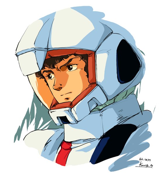 Anime picture 2908x3102 with mobile suit gundam mobile suit gundam - char's counterattack sunrise (studio) amuro ray kazuto mitsurugi single tall image highres short hair simple background brown hair white background brown eyes signed looking away oldschool 80s boy helmet pilot suit