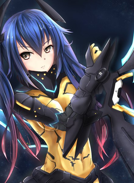 Anime picture 1000x1364 with phantasy star phantasy star online 2 sega quna (pso2) zelsius racket ti1 single long hair tall image fringe twintails brown eyes blue hair looking away horn (horns) night night sky covered navel girl navel
