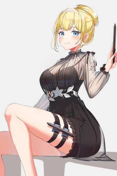 Anime-Bild 2545x3842 mit virtual youtuber hololive hololive english watson amelia reulem single tall image looking at viewer blush fringe highres short hair breasts blue eyes simple background blonde hair smile sitting holding payot