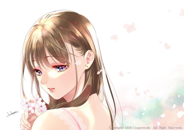 Anime picture 6071x4299 with original uooper single long hair fringe highres open mouth simple background brown hair bare shoulders holding signed absurdres upper body pink eyes looking back fingernails wind lips from behind