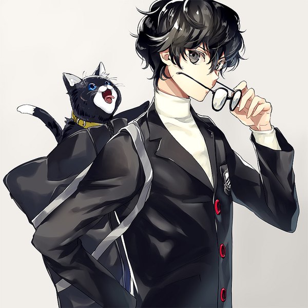 Anime picture 842x842 with persona 5 persona amamiya ren morgana (persona 5) houhou (black lack) single looking at viewer fringe short hair black hair simple background hair between eyes upper body grey background grey eyes eyewear removed holding eyewear boy uniform school uniform