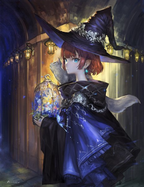 Anime picture 2550x3300 with original darkers (akefumi) single tall image looking at viewer blush fringe highres short hair blue eyes standing holding signed red hair blunt bangs pointy ears wide sleeves witch animal on shoulder popped collar
