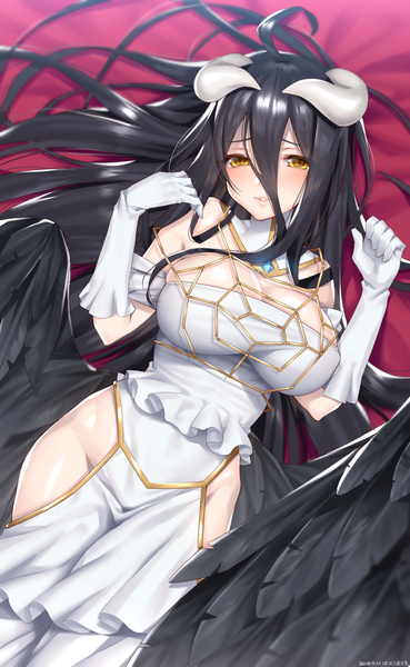 Anime picture 800x1300 with overlord (maruyama) madhouse albedo (overlord) hattori (junoct2000) single long hair tall image looking at viewer blush fringe breasts light erotic black hair hair between eyes large breasts yellow eyes cleavage ahoge lying parted lips