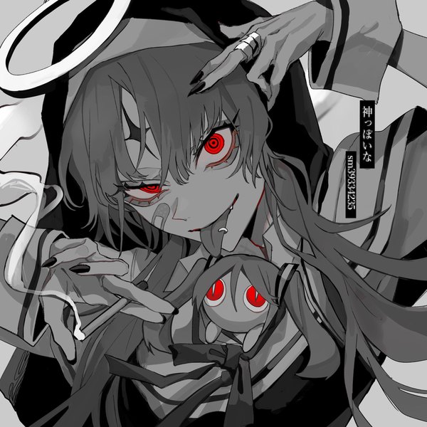 Anime picture 2048x2048 with vocaloid kamippoina (vocaloid) hatsune miku aimaina kuroume (aihikarikuroume24) single long hair looking at viewer highres red eyes upper body nail polish piercing monochrome smoke nun bandaid on face spot color tongue piercing girl