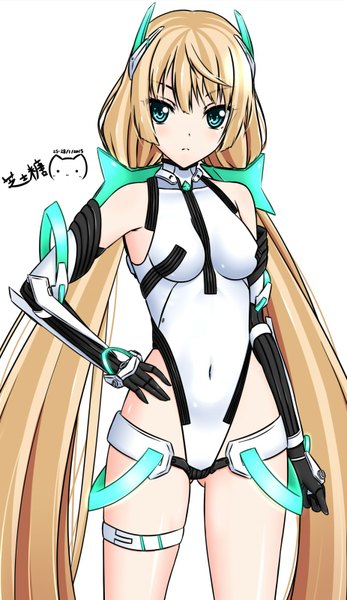 Anime picture 926x1600 with expelled from paradise angela balzac nagi-the-cheese (ppshex) single tall image looking at viewer blush fringe breasts blue eyes light erotic simple background blonde hair white background twintails very long hair hand on hip low twintails girl navel