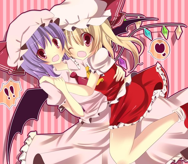 Anime picture 1400x1225 with touhou flandre scarlet remilia scarlet stigma1101 blush short hair blonde hair red eyes multiple girls purple hair one eye closed wink loli hug one side up siblings bat wings sisters striped background girl