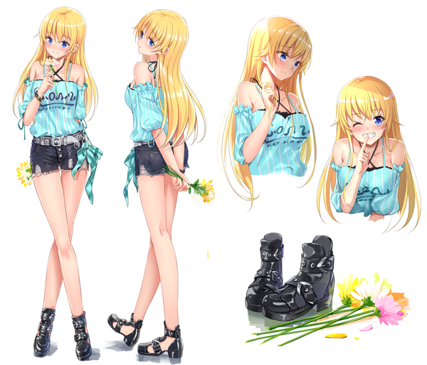 Anime picture 1402x1199 with alice gear aegis virginia glynnberets swordsouls long hair looking at viewer blush fringe breasts blue eyes blonde hair simple background smile hair between eyes standing white background bare shoulders holding cleavage full body upper body