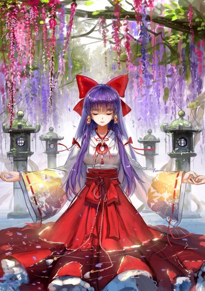 Anime picture 1200x1697 with touhou touhou (pc-98) hakurei reimu hakurei reimu (pc-98) november (jeanex) single long hair tall image purple hair eyes closed traditional clothes miko girl flower (flowers) bow hair bow petals water wisteria