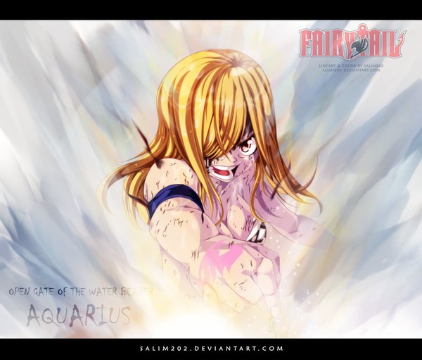 Anime picture 1200x1023 with fairy tail lucy heartfilia salim202 single long hair fringe open mouth light erotic blonde hair brown eyes hair over one eye inscription tattoo coloring magic light smoke angry girl blood