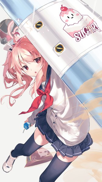 Anime picture 1680x3000 with blue archive natsu (blue archive) siro joon single long hair tall image looking at viewer fringe payot pink hair ahoge pink eyes from above inscription :o girl thighhighs uniform black thighhighs serafuku
