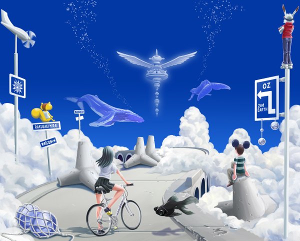 Anime picture 2500x2011 with summer wars madhouse king kazuma shinohara natsuki koiso kenji highres animal ears sky cloud (clouds) from behind back flying animal fish (fishes) ground vehicle bunny road bicycle sign