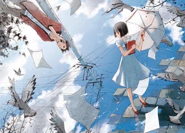 Anime picture 1280x921 with selina (artist) sky reflection girl boy animal water bird (birds) book (books) umbrella paper phone