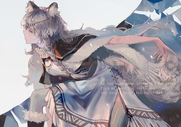 Anime picture 3508x2480 with arknights pramanix (arknights) yusuli- single long hair highres animal ears absurdres tail braid (braids) eyes closed animal tail profile grey hair text outstretched arm girl beads