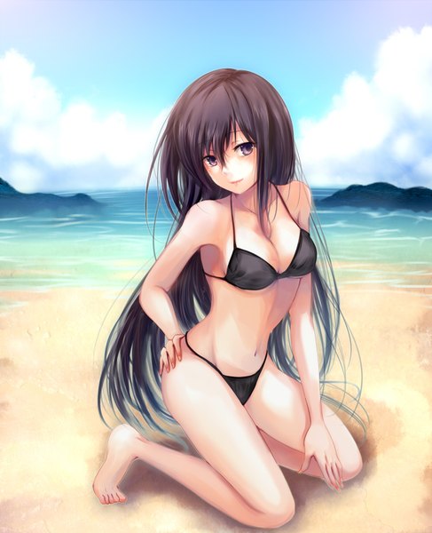 Anime picture 1424x1756 with original karo karo long hair tall image breasts light erotic black hair brown eyes beach girl navel swimsuit bikini black bikini