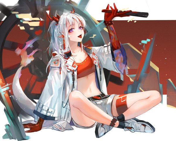 Anime picture 2000x1600 with arknights nian (arknights) nima (niru54) single long hair looking at viewer blush fringe highres open mouth sitting purple eyes holding full body bent knee (knees) white hair tail braid (braids) multicolored hair arm up