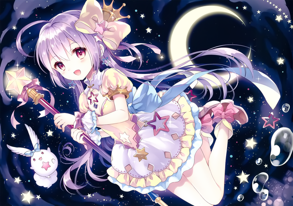 Anime picture 2635x1859 with original mahou shoujo grimoire (artbook) wasabi (sekai) single long hair looking at viewer highres purple eyes purple hair girl dress bow hair bow star (symbol) star (stars) bubble (bubbles)