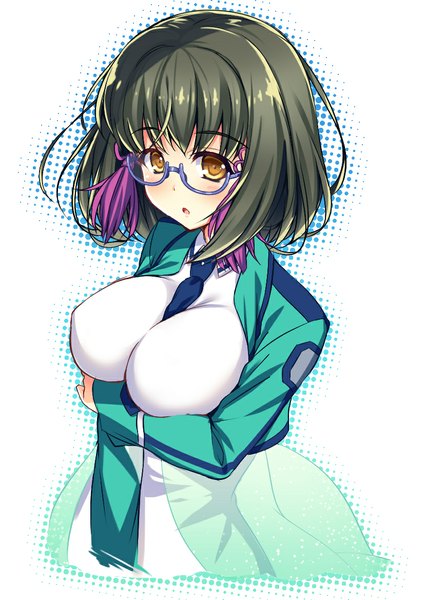 Anime picture 828x1169 with mahouka koukou no rettousei shibata mizuki raiou single tall image looking at viewer short hair breasts light erotic brown hair large breasts brown eyes pink hair multicolored hair two-tone hair girl shirt glasses necktie jacket