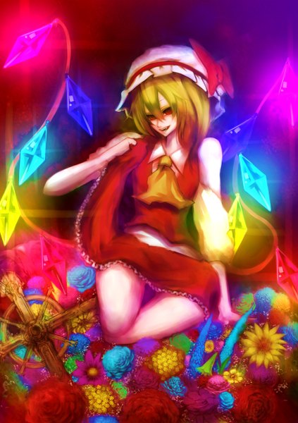 Anime picture 1748x2480 with touhou flandre scarlet giluziru (artist) single tall image highres blonde hair red eyes sitting teeth fang (fangs) vampire girl skirt flower (flowers) bow hat wings cross crystal