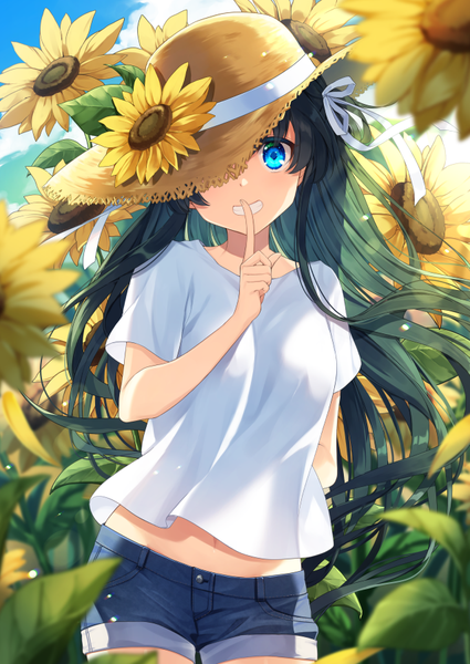 Anime picture 637x900 with original natsu mikan (clutch) single long hair tall image looking at viewer blue eyes black hair smile outdoors grin finger to mouth summer hat over eyes girl flower (flowers) ribbon (ribbons) hair ribbon hat shorts