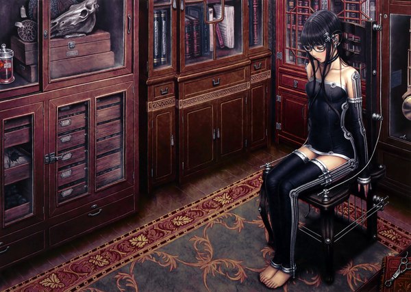 Anime picture 3246x2313 with original eshi 100-nin ten tsukasa jun single long hair fringe highres light erotic black hair sitting bare shoulders absurdres barefoot zettai ryouiki looking down silver eyes bespectacled girl dress underwear