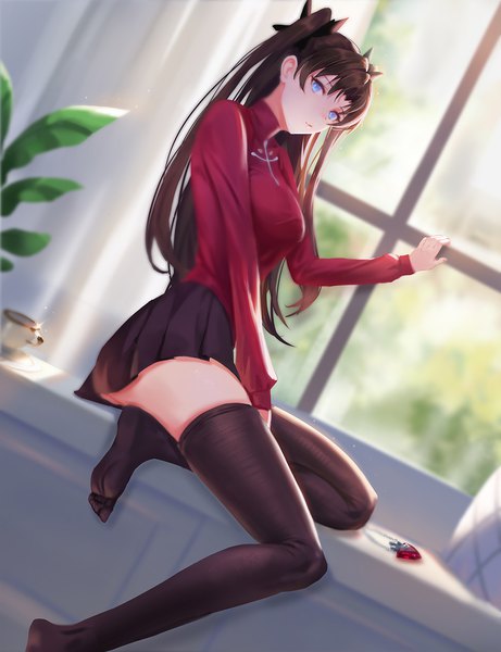 Anime picture 1000x1302 with fate (series) fate/stay night toosaka rin dongfangzhong111 single long hair tall image looking at viewer fringe blue eyes light erotic black hair sitting bent knee (knees) indoors long sleeves head tilt pleated skirt blurry arm support